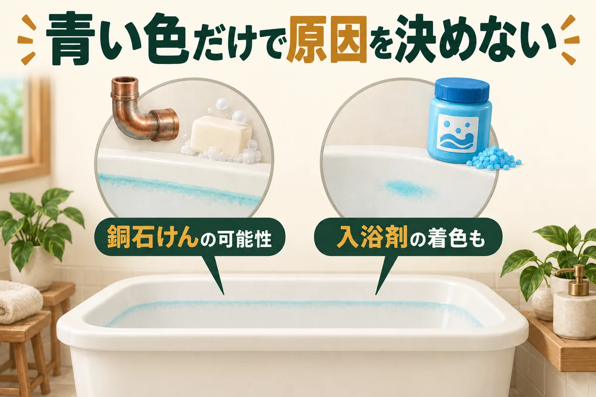 空の浴槽の青い付着汚れと、銅石けん・入浴剤着色の二つの候補を示す図