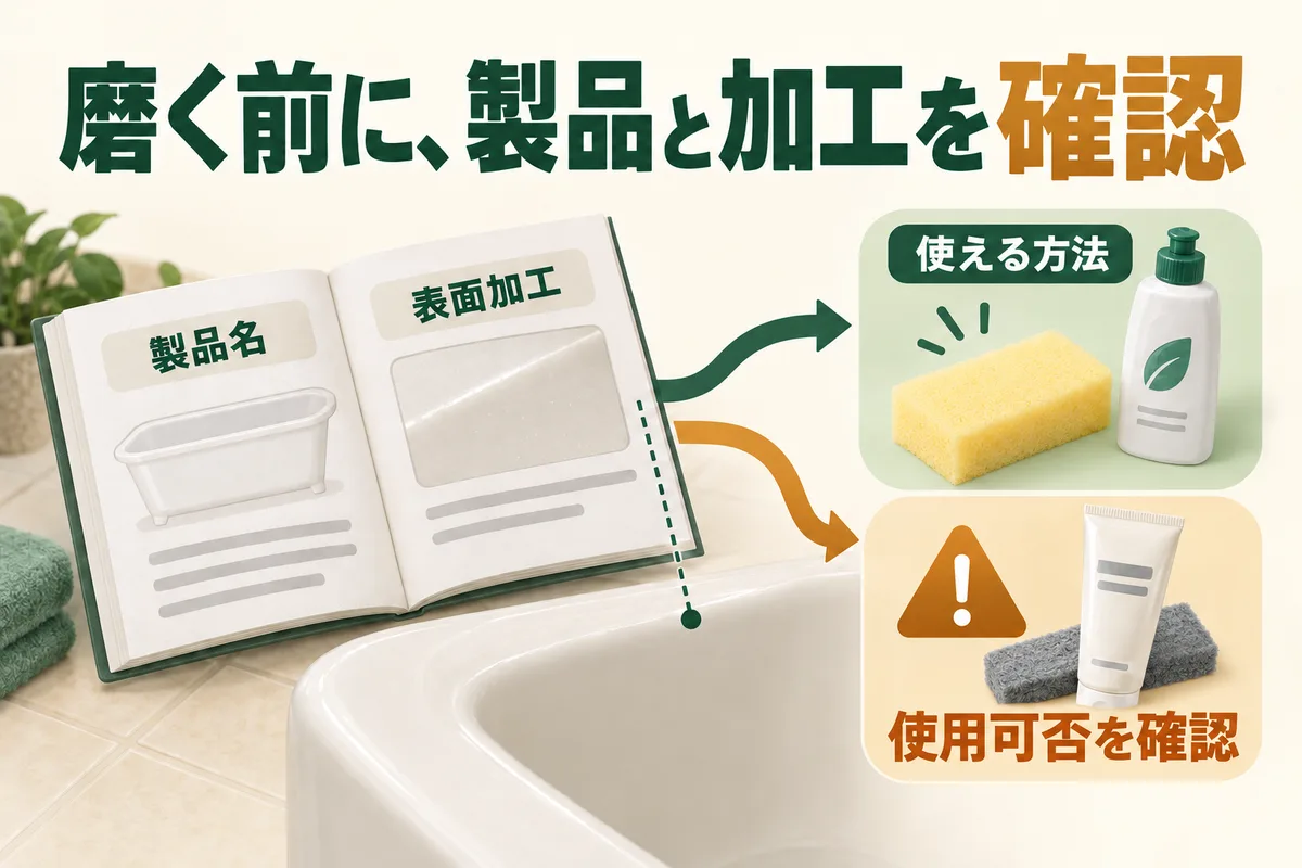 製品名と表面加工を確認し、道具の使用可否を判断する図