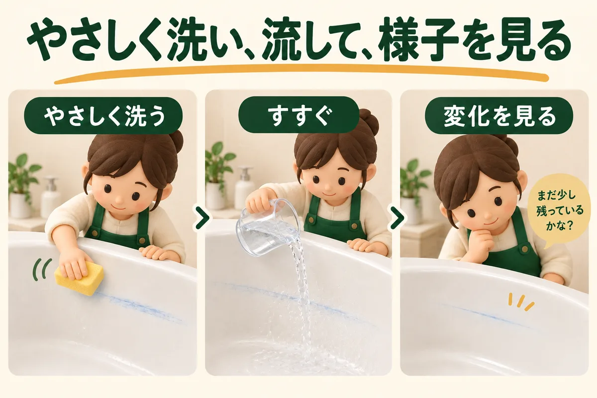 中性洗剤でやさしく洗い、すすぎ、残った箇所を確認する図
