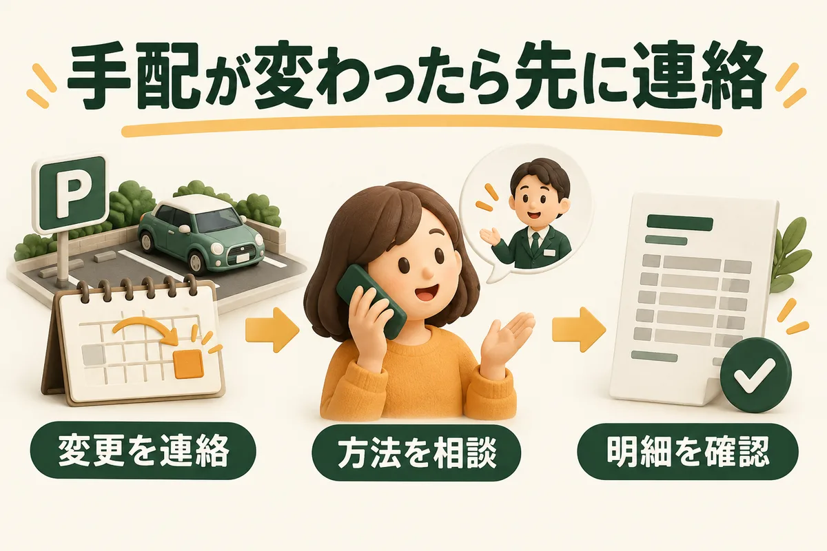 予約時の駐車予定と、変更連絡・明細確認の流れ図
