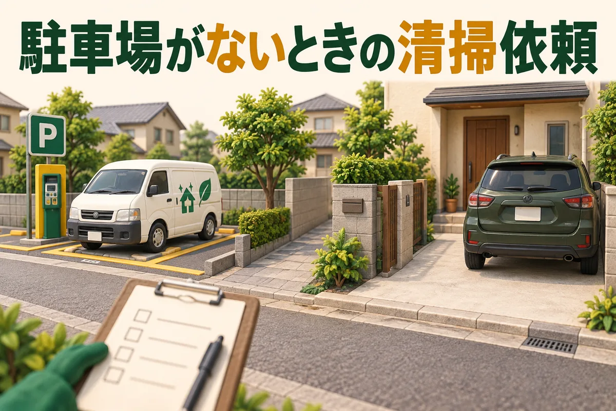 自宅の車庫が使えず、近隣の有料駐車場に作業車を停めたイラスト