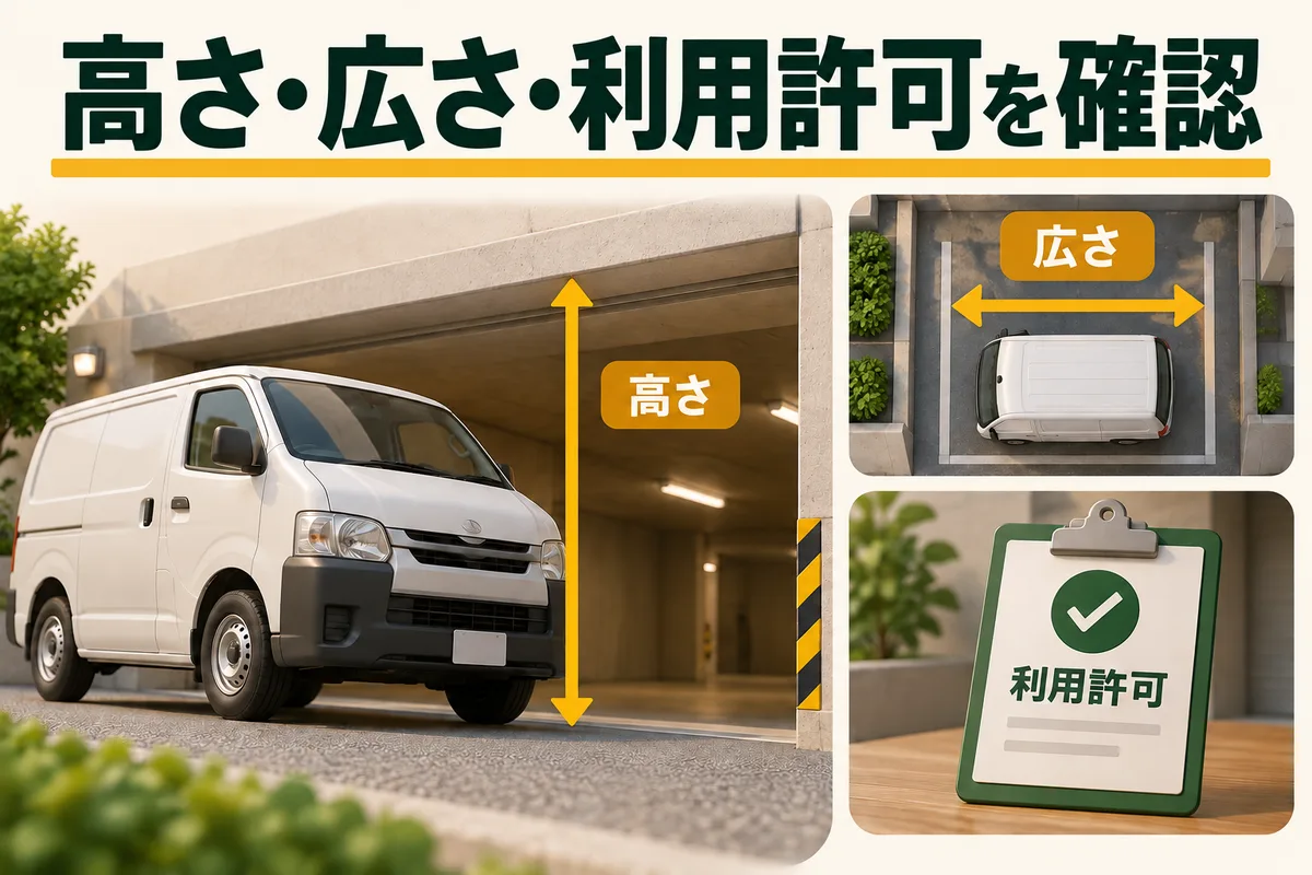 作業車と高さ制限、区画の幅、入場許可を示す図