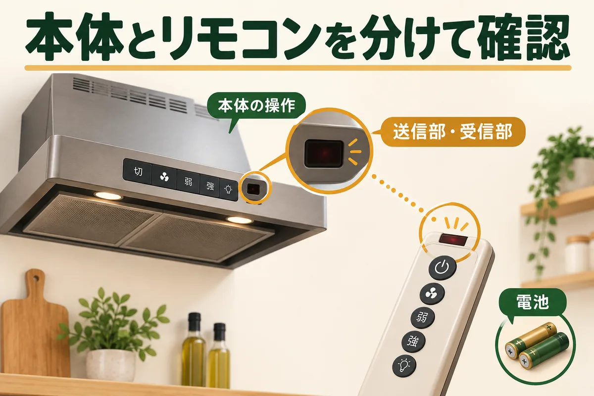 本体ボタン、リモコン送受信部、電池を示す図