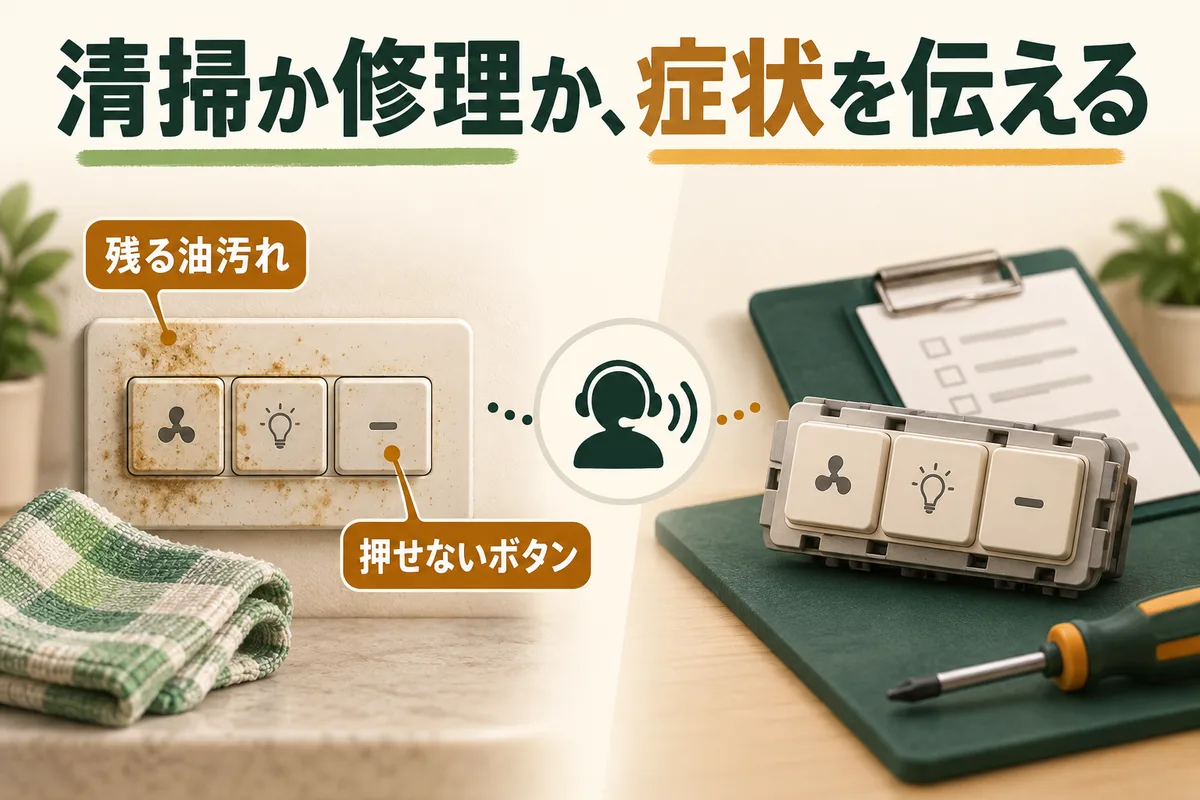 清掃の布と修理の交換部品へ相談を分ける図