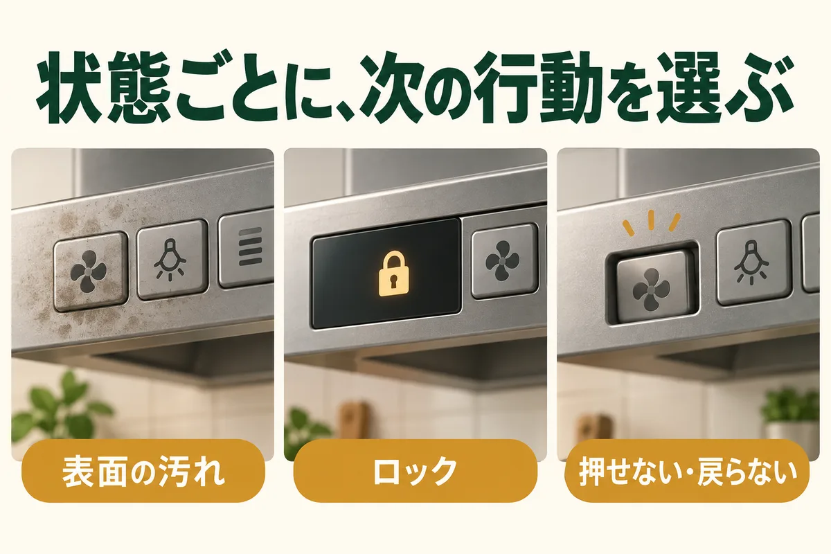 表面の油汚れ、ロック表示、戻らないボタンを分ける図