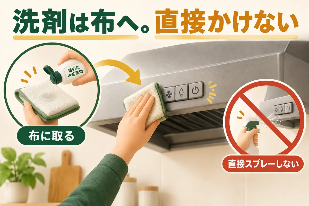 布に少量の洗剤を取り、スイッチの外側を拭く方法と直接噴霧禁止の図