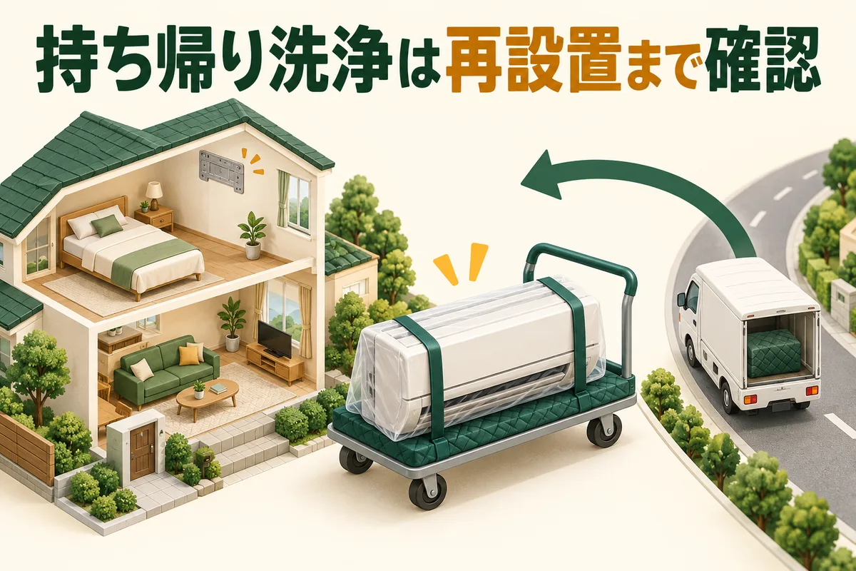 取り外したエアコンを保護して運び、自宅へ戻す流れのイラスト