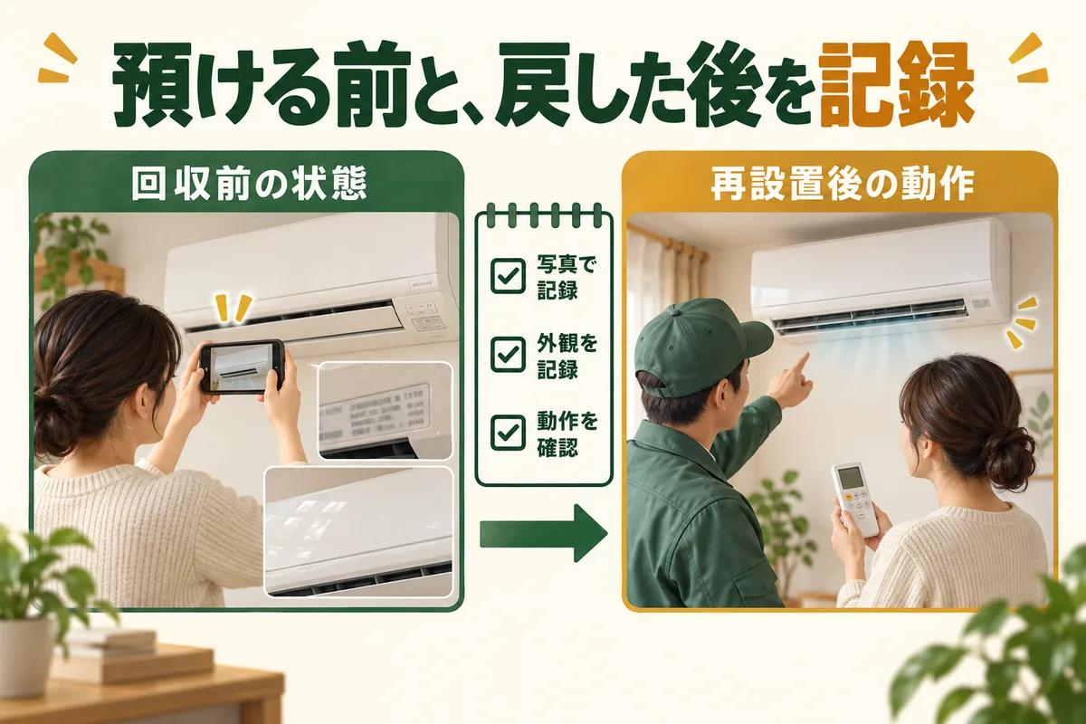 回収前の型番と状態記録、再設置後の試運転を対比する図