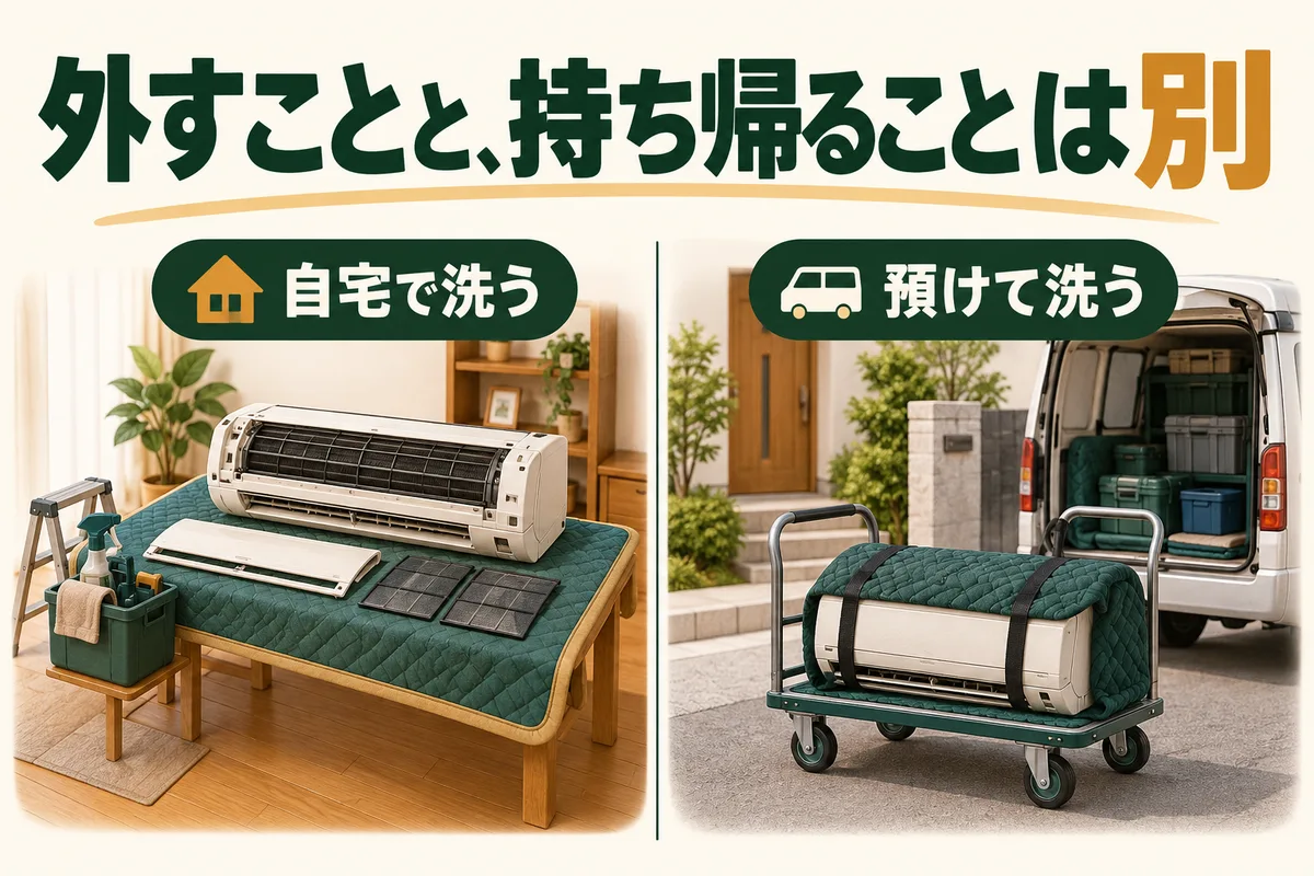 壁から外して自宅で洗う方法と、車で運んで預かる方法を分けた図