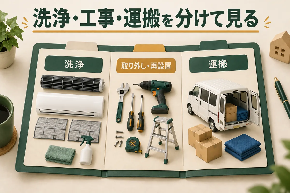 洗浄・脱着・運搬の費用欄を見比べる見積もり図