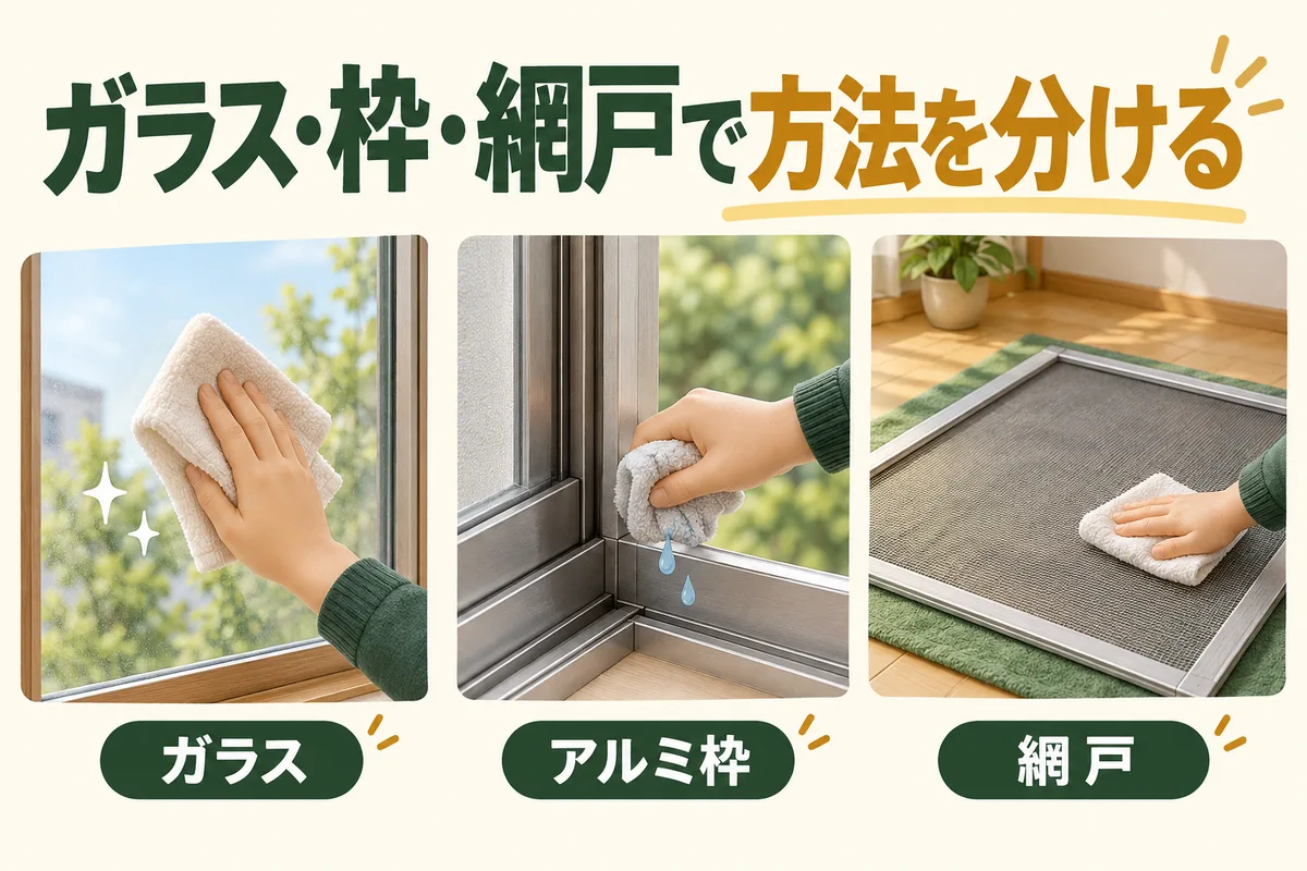 ガラス、アルミ枠、網戸にそれぞれ布や洗い方を対応させる図