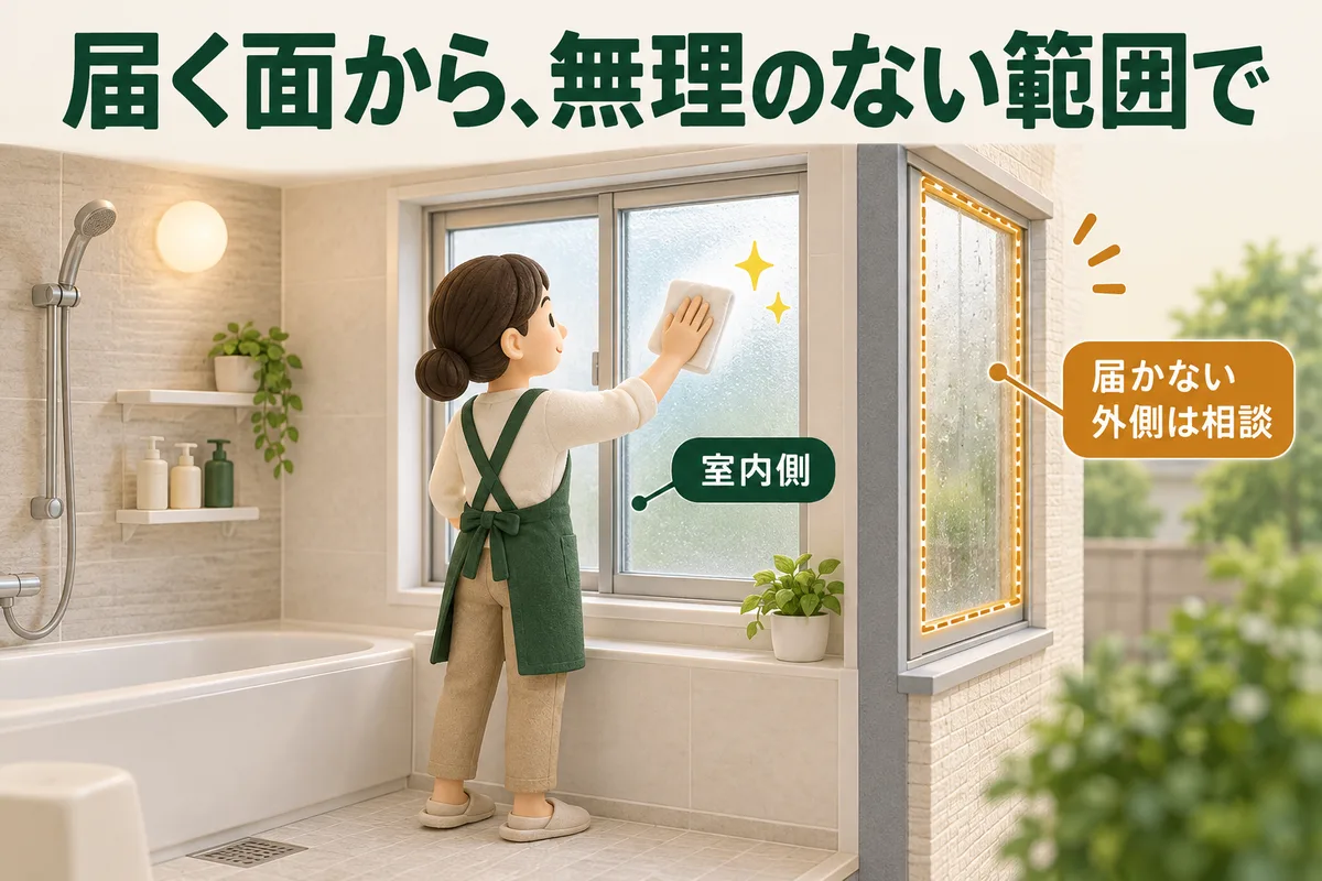 浴室内から届くガラス面と、届かない外面を色と文字で区別する図
