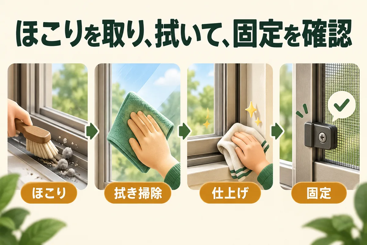 砂ぼこり除去から布拭き、仕上げ拭き、固定確認までの流れ図