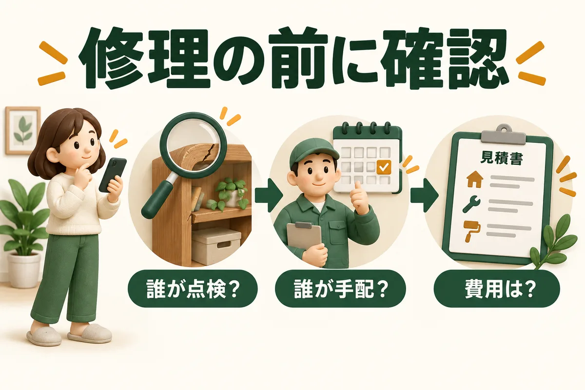 点検する人、修理を手配する人、費用の扱いを確認する三項目の図