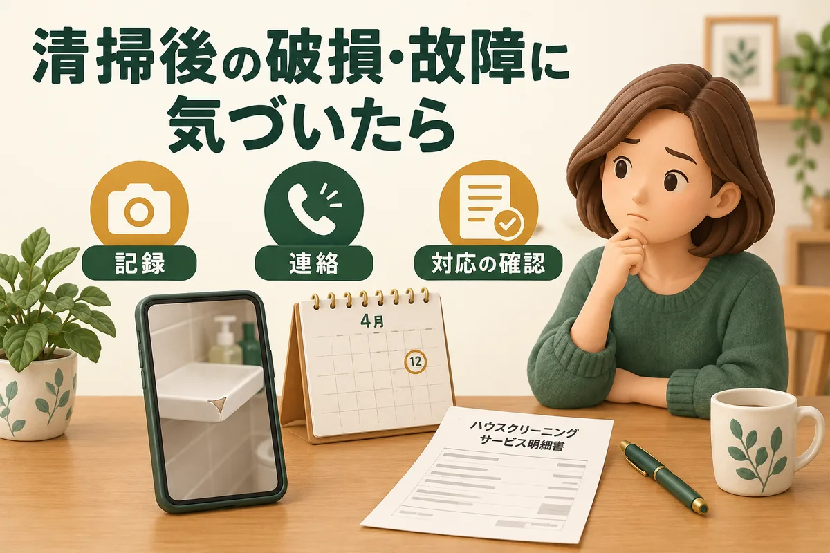 破損箇所の写真と依頼書を用意し、記録・連絡・対応確認を進めるイラスト