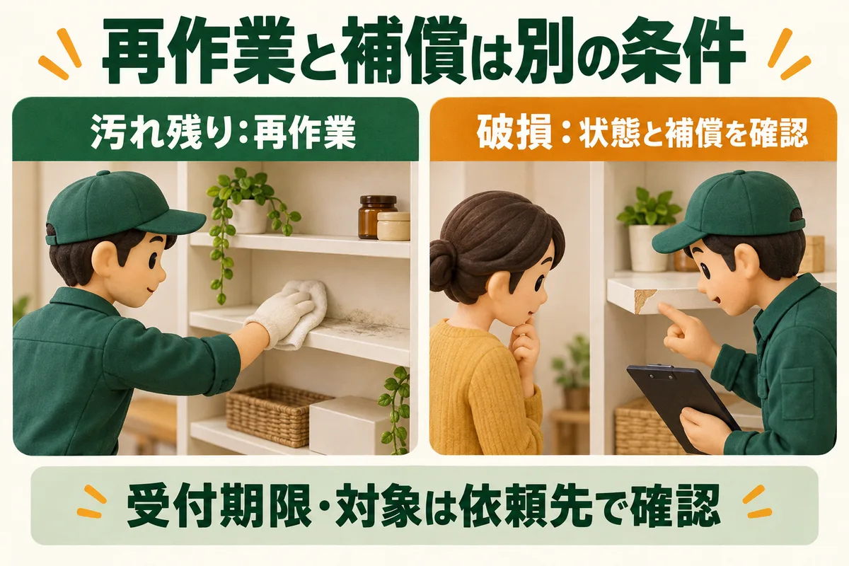 汚れ残りの再作業と破損の状態・補償確認を分け、依頼先の条件を確かめる図