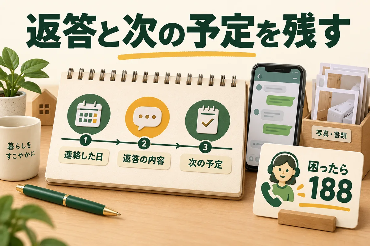 連絡した日・返答・次の予定を記録し、困った場合に188へ相談する図
