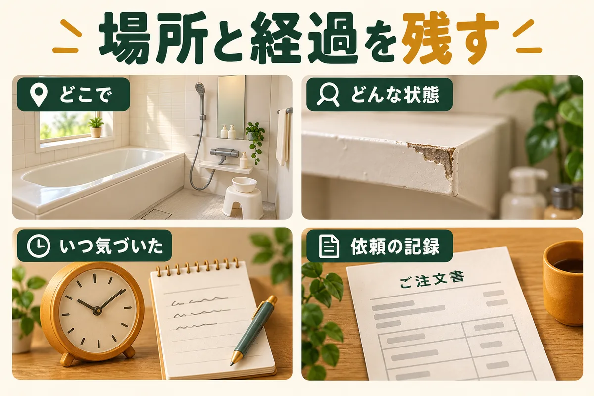 場所の全景、傷の近景、発見時刻、依頼書の四つを記録する図