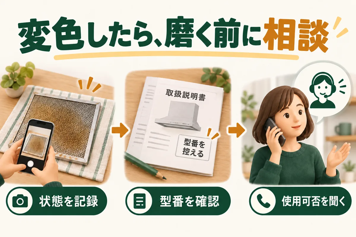 変色した部品を撮影し、型番を控え、使用を続けられるか相談する三場面