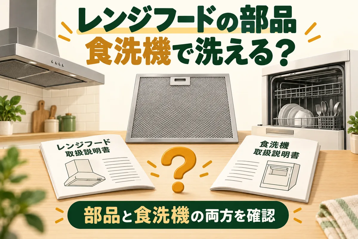 レンジフードのフィルターを前に、レンジフードと食洗機の説明書を照合するイラスト
