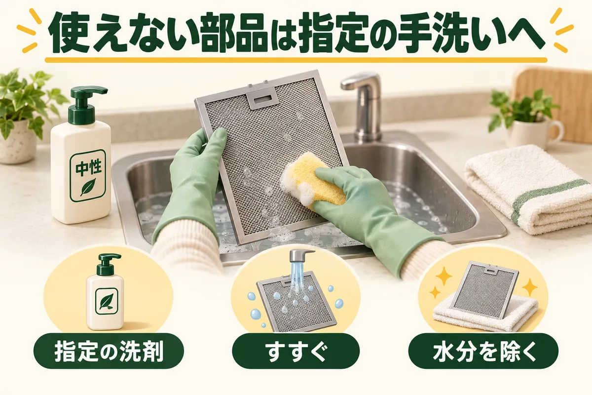 指定の洗剤と柔らかいスポンジでフィルターを洗い、すすいで水分を除く図