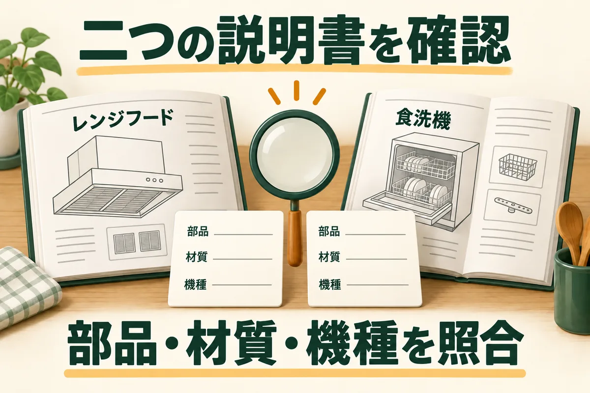 レンジフードと食洗機の二つの説明書で、部品・材質・機種を照合する図