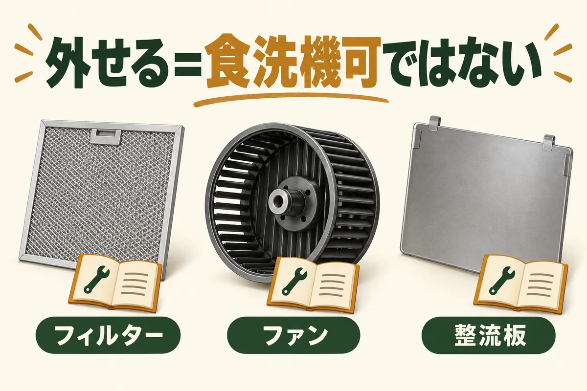 フィルター、ファン、整流板を並べ、外せることと食洗機で洗えることを区別する図