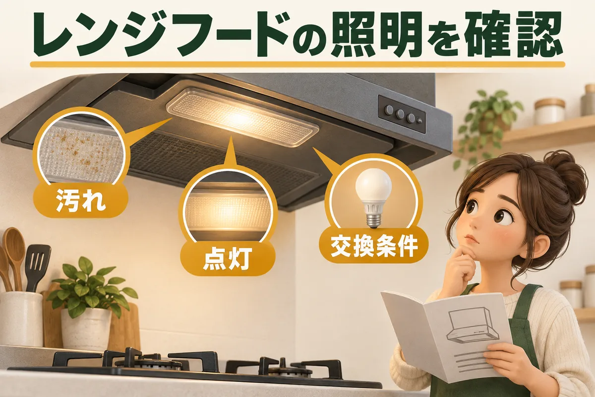 レンジフードの照明について、カバーの汚れ・点灯・交換条件を確認するイラスト