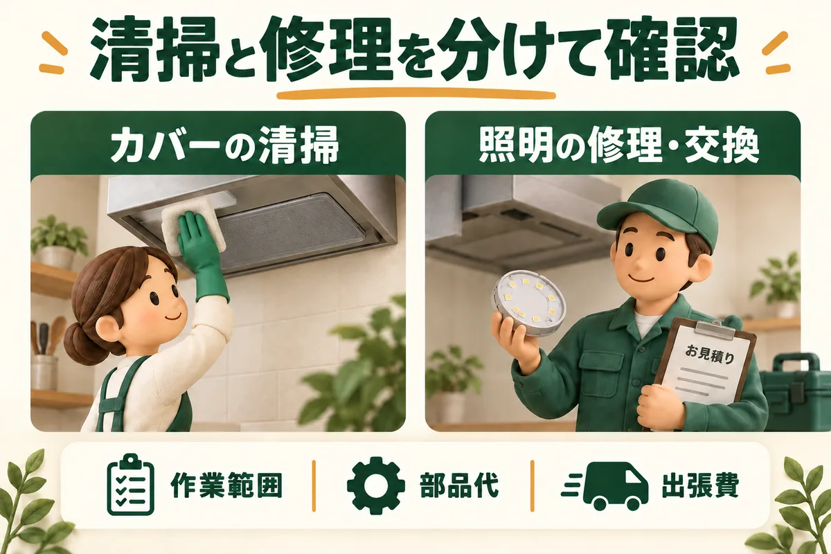 カバーの清掃と照明の修理・交換を分け、範囲・部品代・出張費を確認する図