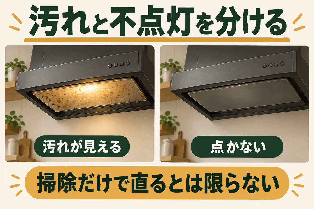 汚れた照明カバーと点灯しない照明を分け、掃除だけで直るとは限らないと示す図