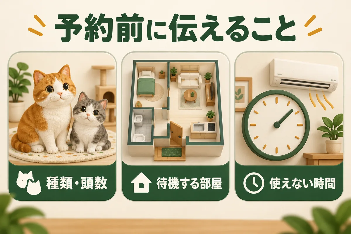 種類と頭数、待機する部屋、エアコンを使えない時間を予約前に伝える図
