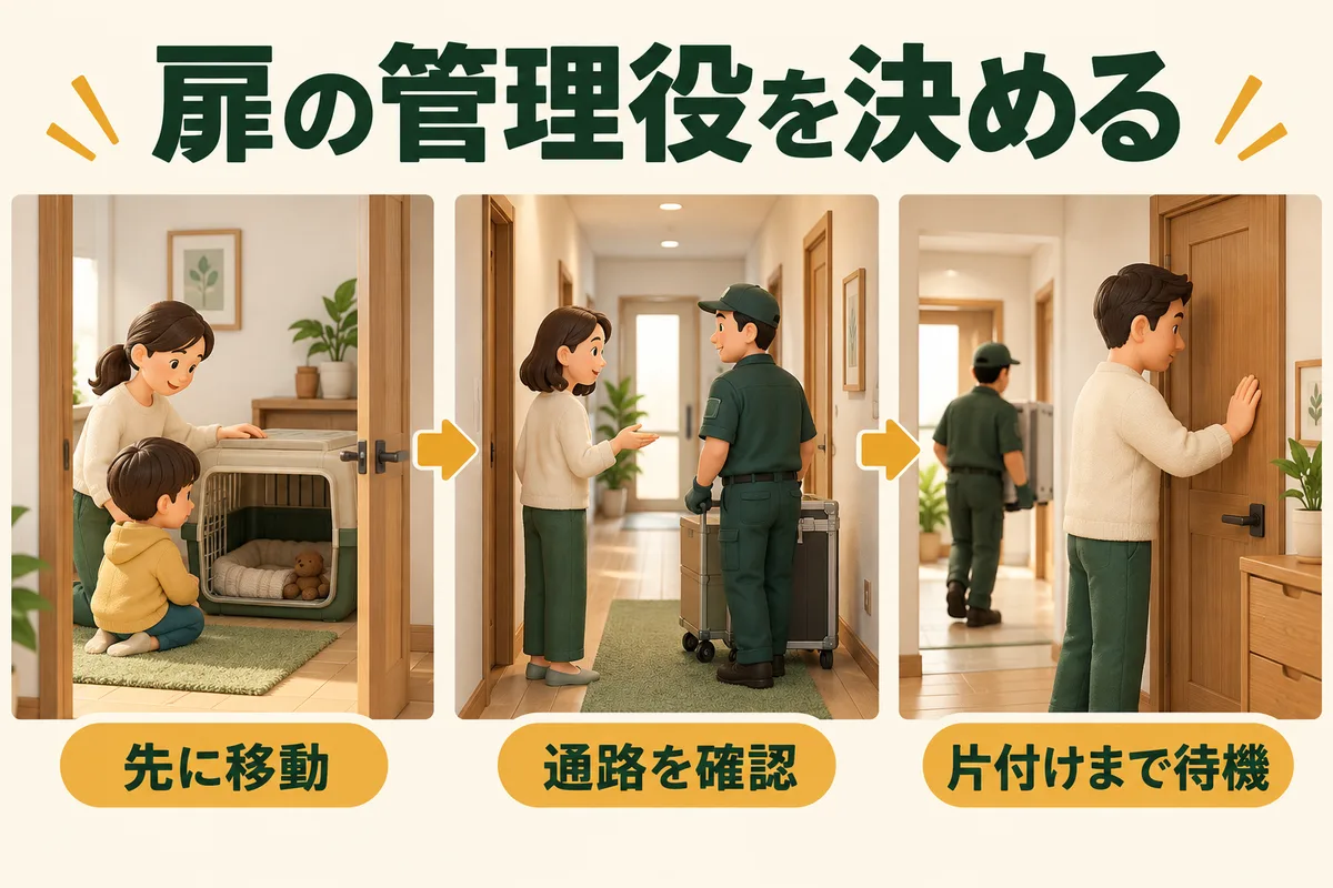 先に待機場所を整え、作業通路を確認し、片付けまで扉を管理する三場面