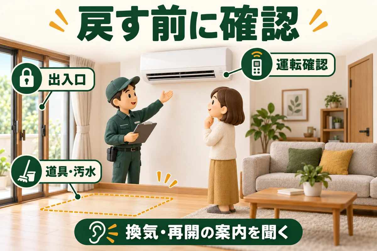 片付いた床、出入口、エアコンの運転と換気・再開の案内を確認する図