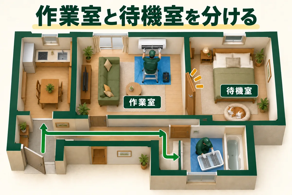 閉めた扉を挟み、エアコン作業室と猫の待機室を分ける間取り図