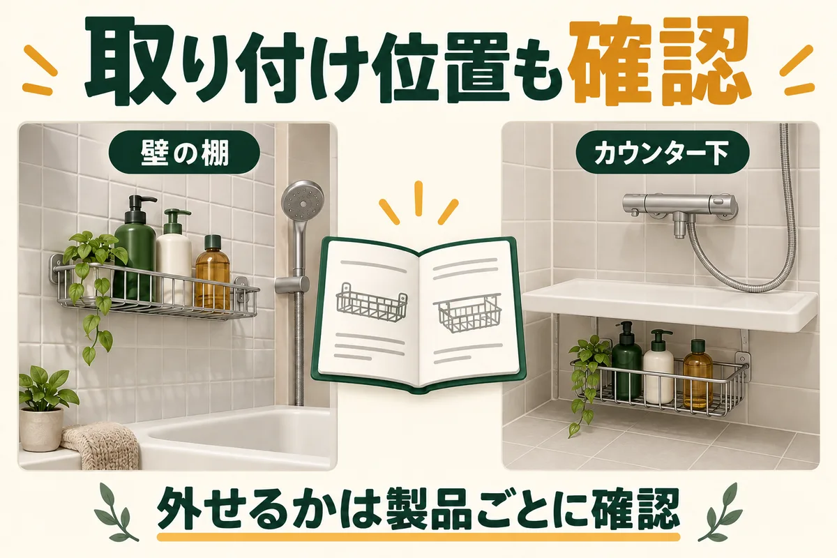浴室の壁のワイヤー棚とカウンター下の棚を比べ、製品の説明書で着脱を確かめる図