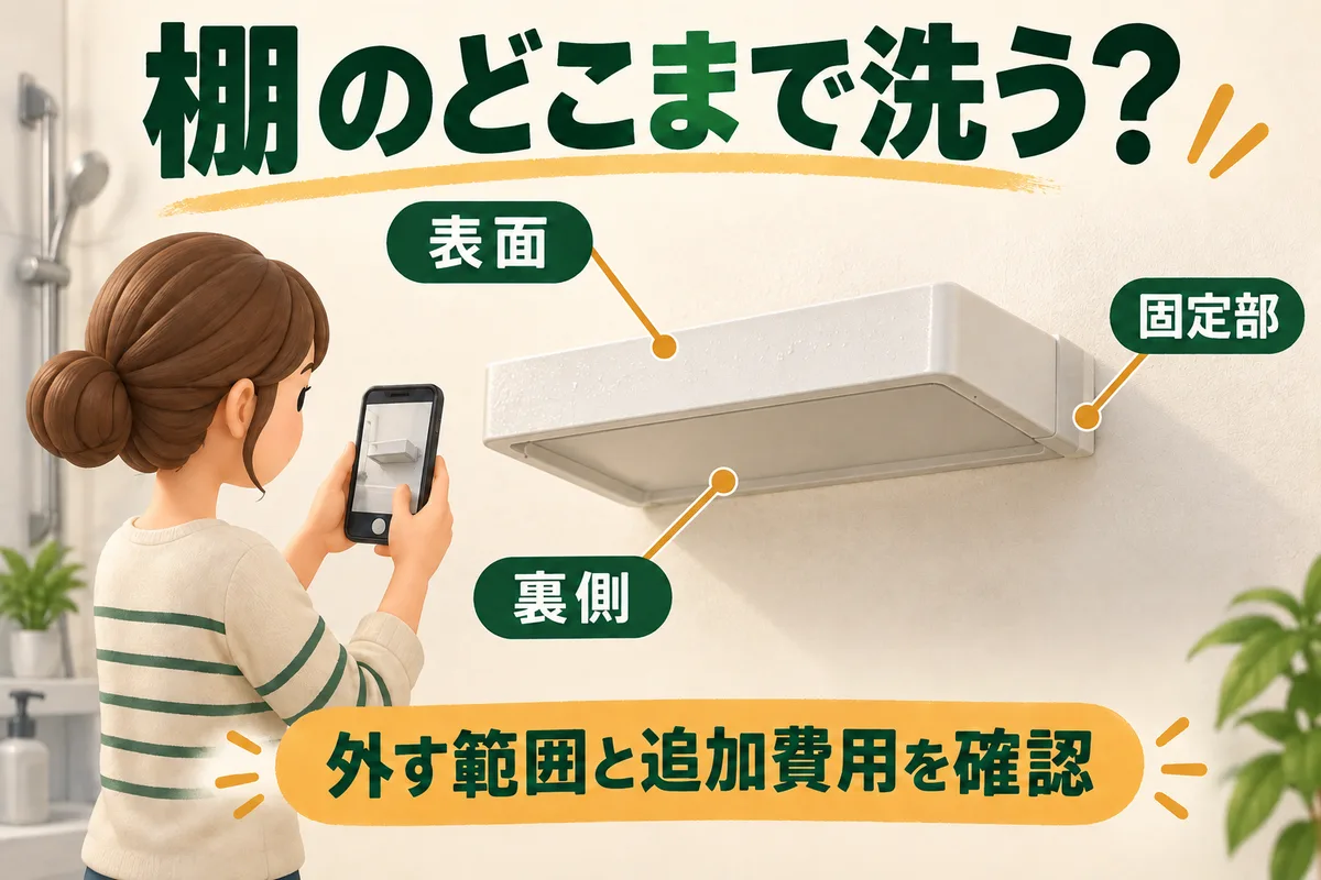 取り付けた棚の表面・裏側・固定部を撮影し、清掃範囲と追加費用を確認する図
