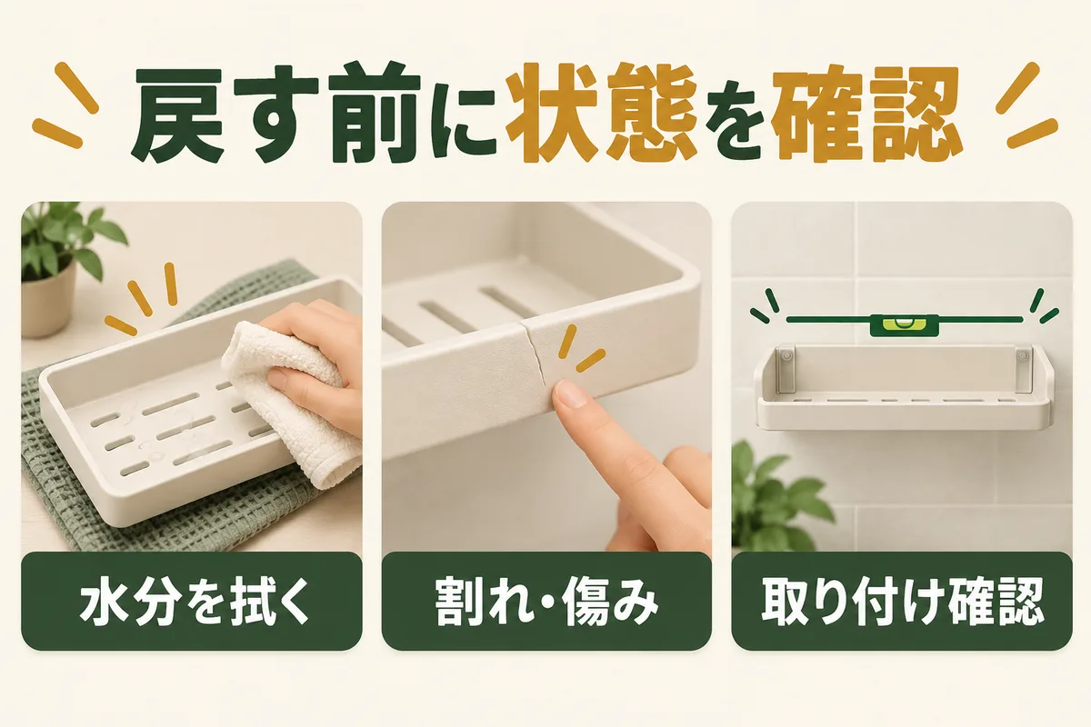棚の水分を拭き、割れや傷み、取り付け状態を確認する三場面
