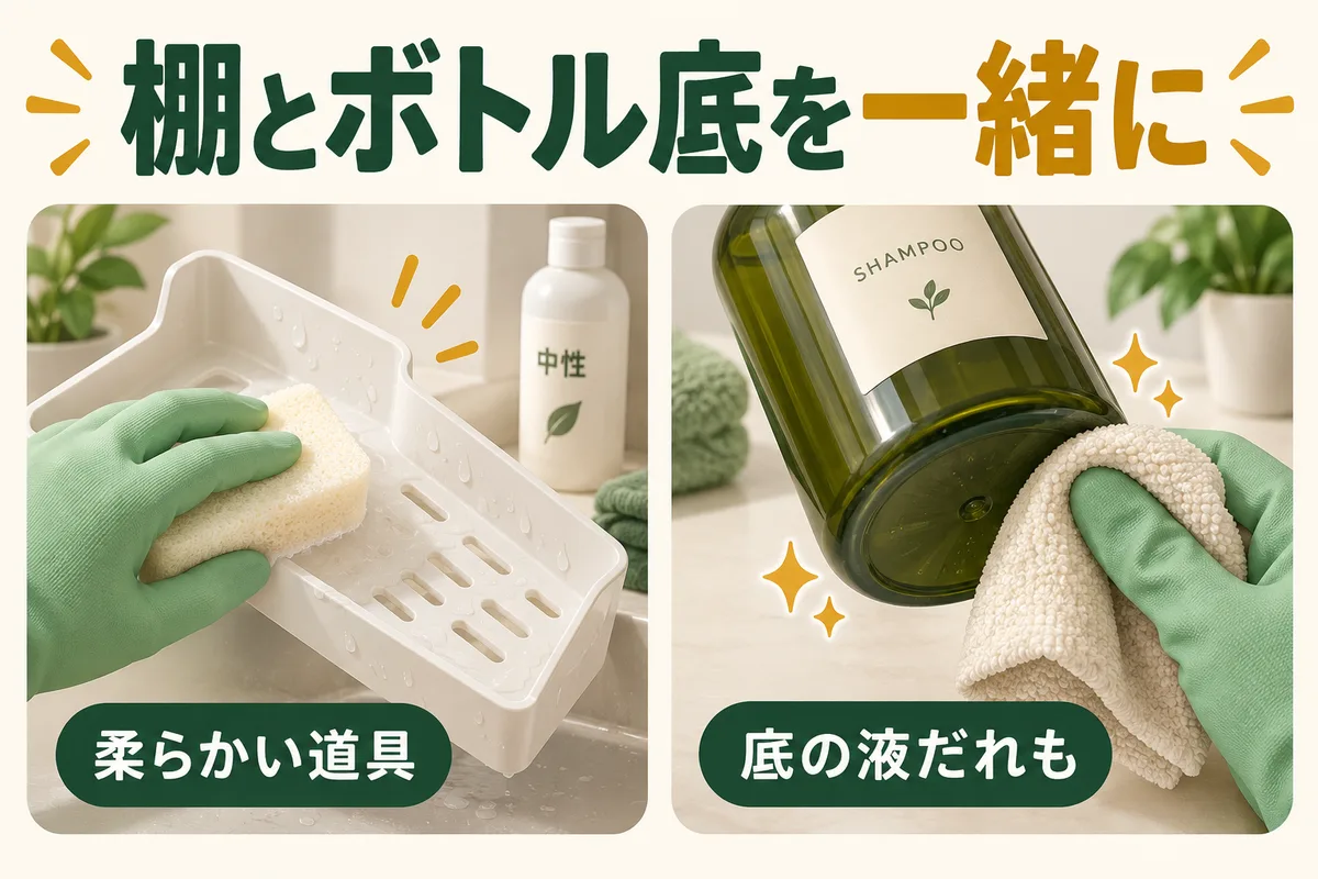 柔らかいスポンジで棚を洗う場面と、布でボトル底を拭く場面