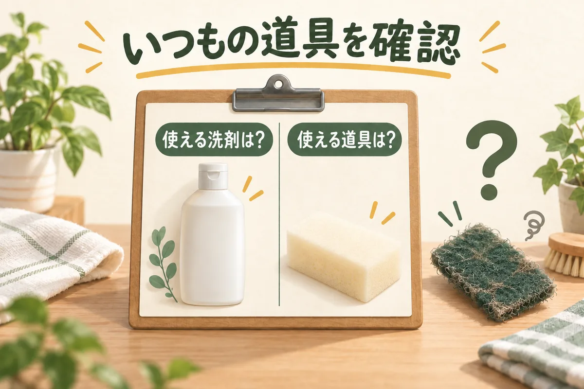 コーティング後に使える洗剤と道具を施工先へ確認する図