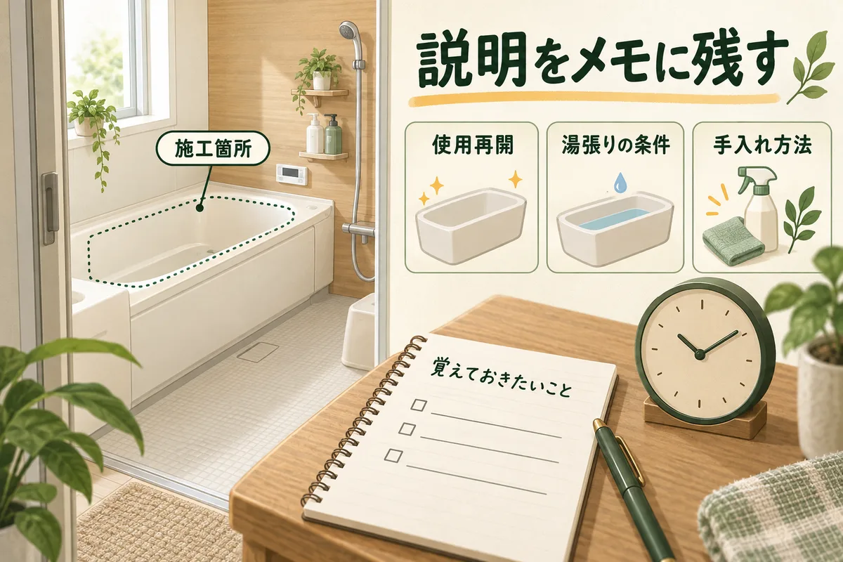 施工箇所、使用再開、湯張りの条件、手入れ方法をメモに残す図
