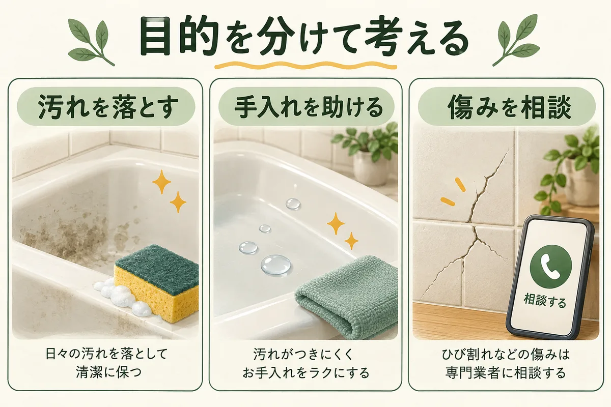汚れ落とし、手入れを助ける仕上げ、傷みの相談を分ける図