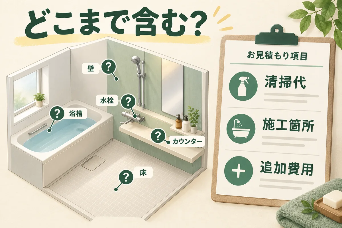 浴槽、水栓、カウンター、床、壁の施工範囲と費用を確認する図