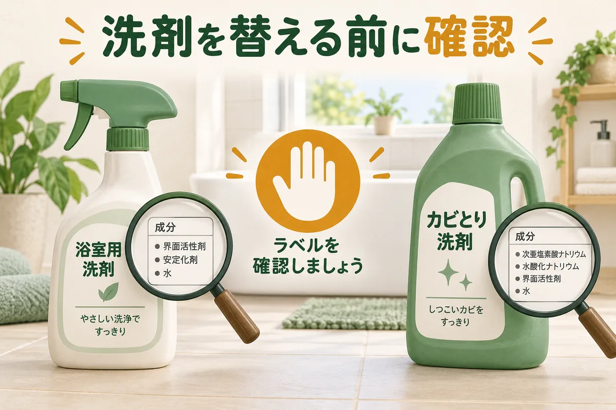 別の洗剤へ替える前に容器の成分と注意を読むイメージ図