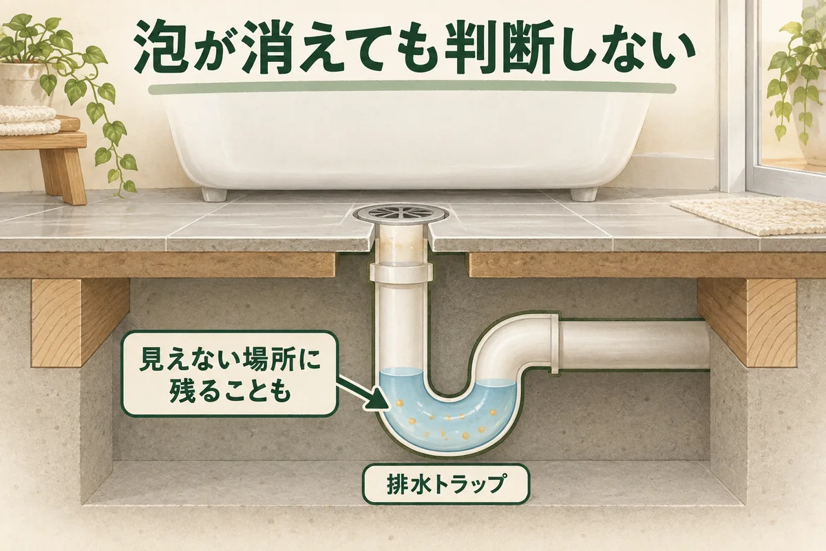 排水トラップの水に洗剤成分が残る可能性を示す模式図