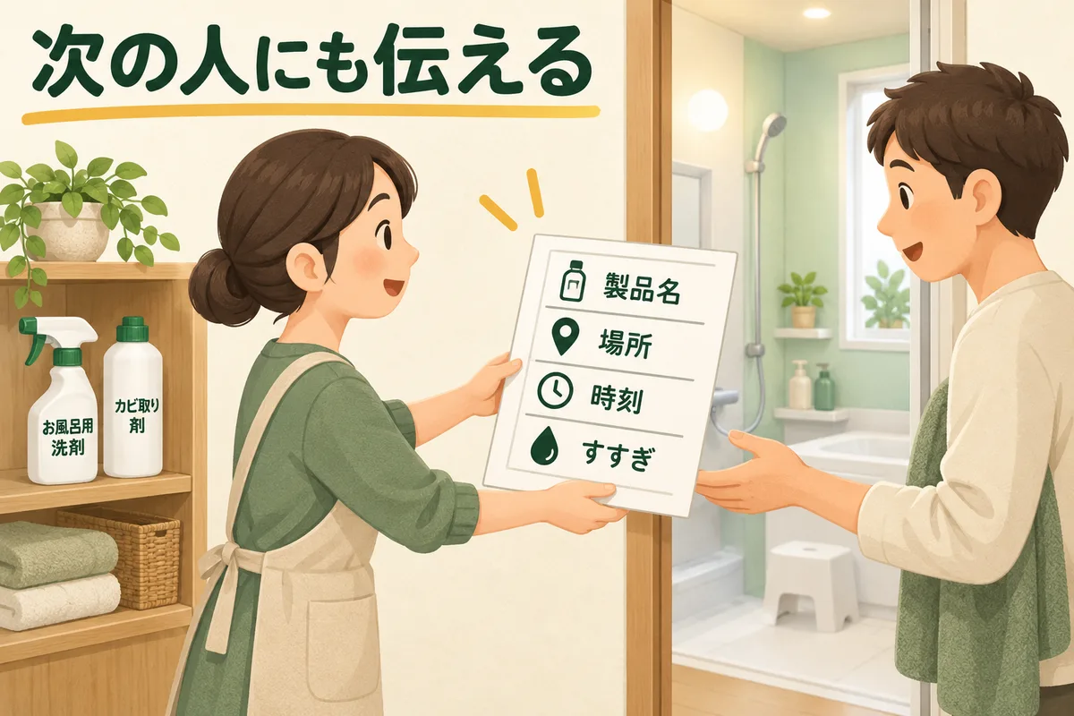使った製品名、場所、時刻、すすぎの情報を次の人へ引き継ぐ図