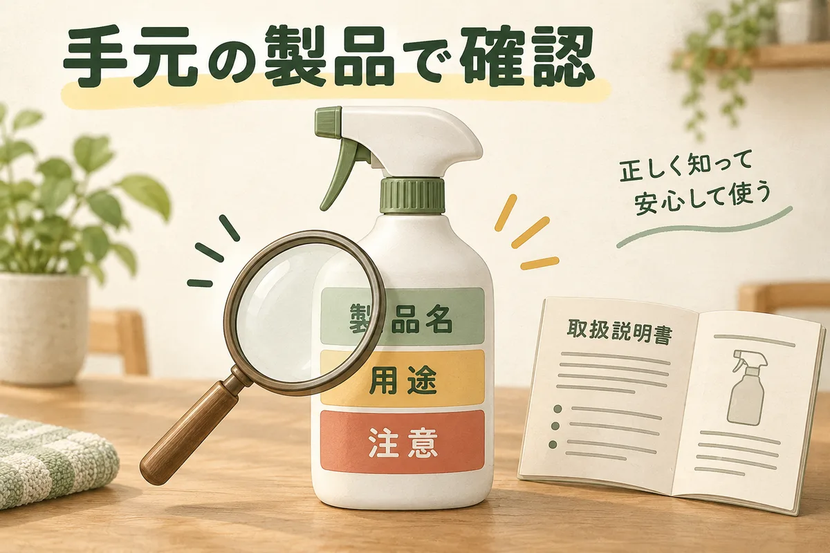 手元の洗剤の製品名、用途、注意表示を照合する図