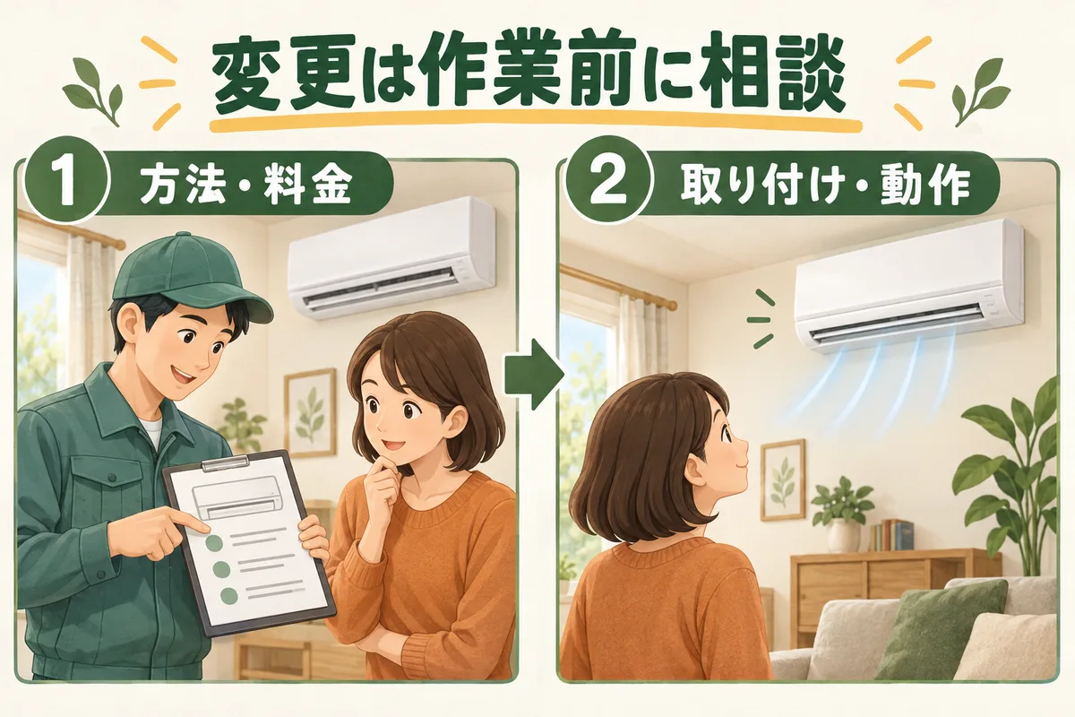作業前に方法と料金、終了後に取り付けと動作を確認する図