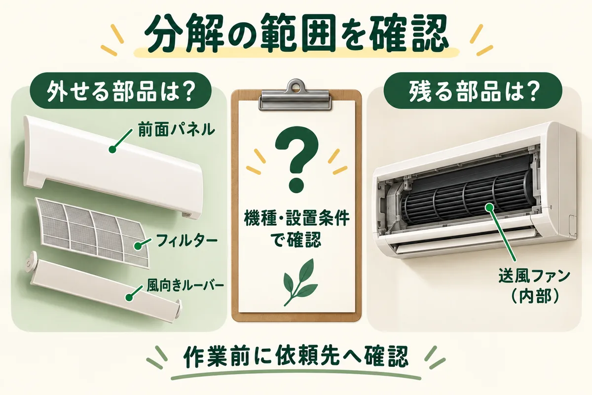 外せる部品と残る部品を機種と設置条件に応じて依頼先へ聞く図