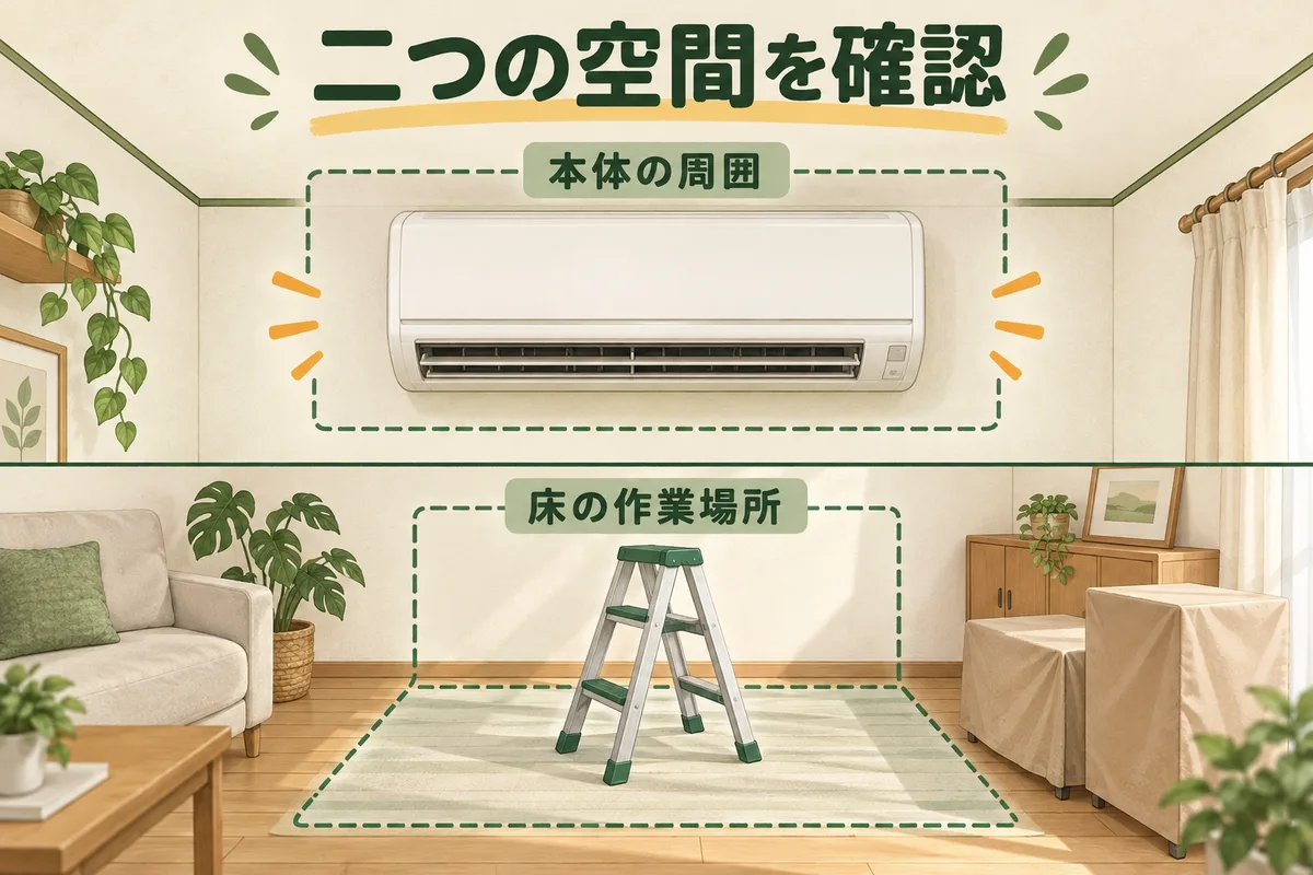 室内機の周囲と床の作業場所を別々に確認する図