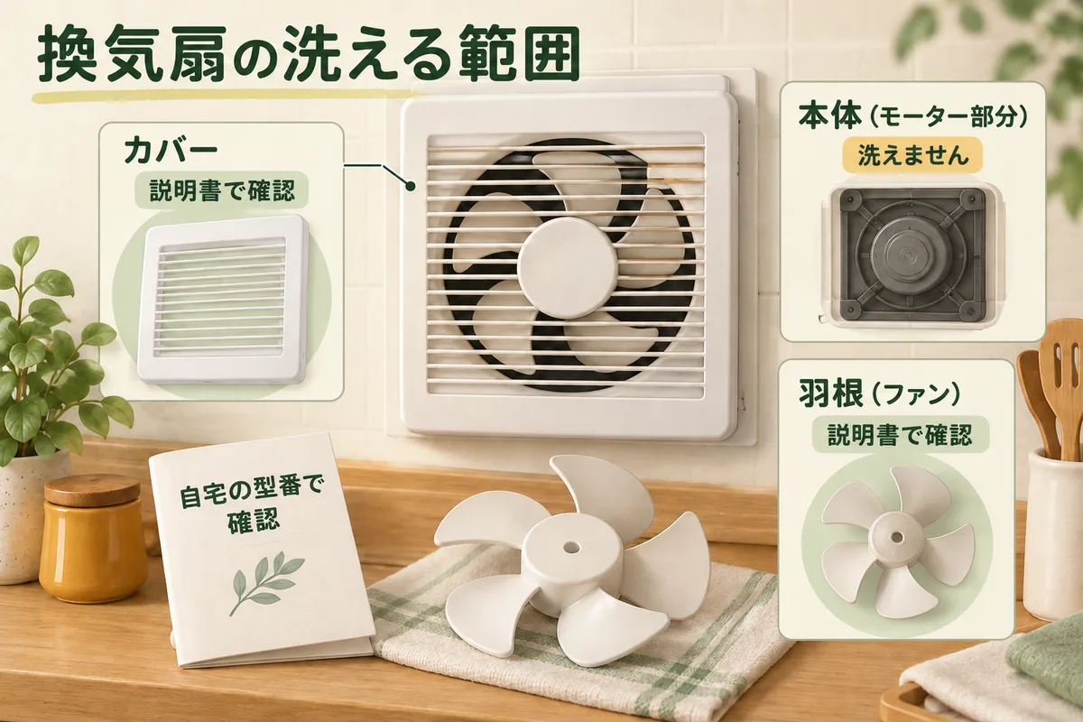 換気扇のカバーと羽根の水洗い可否を説明書で確認し、モーターへ水をかけない図